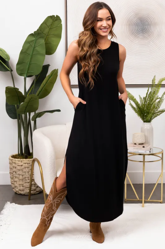 Black Sleeveless Side Slits Loose Maxi Dress sold by Lime Lush