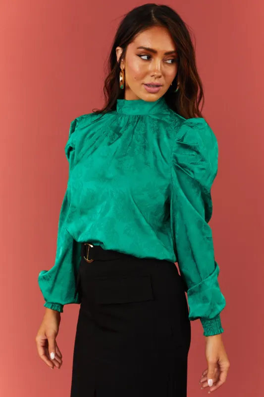 Flying Tomato Kelly Green Jacquard Puff Shoulder Satin Top sold by Lime Lush