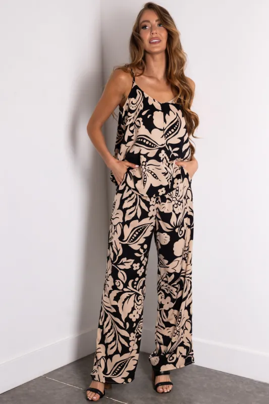 Black and Beige Floral Print Wide Leg Pants sold by Lime Lush