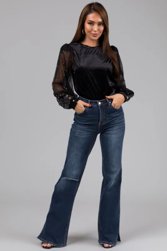 Risen Dark Wash High Rise Light Distressed Jeans sold by Lime Lush