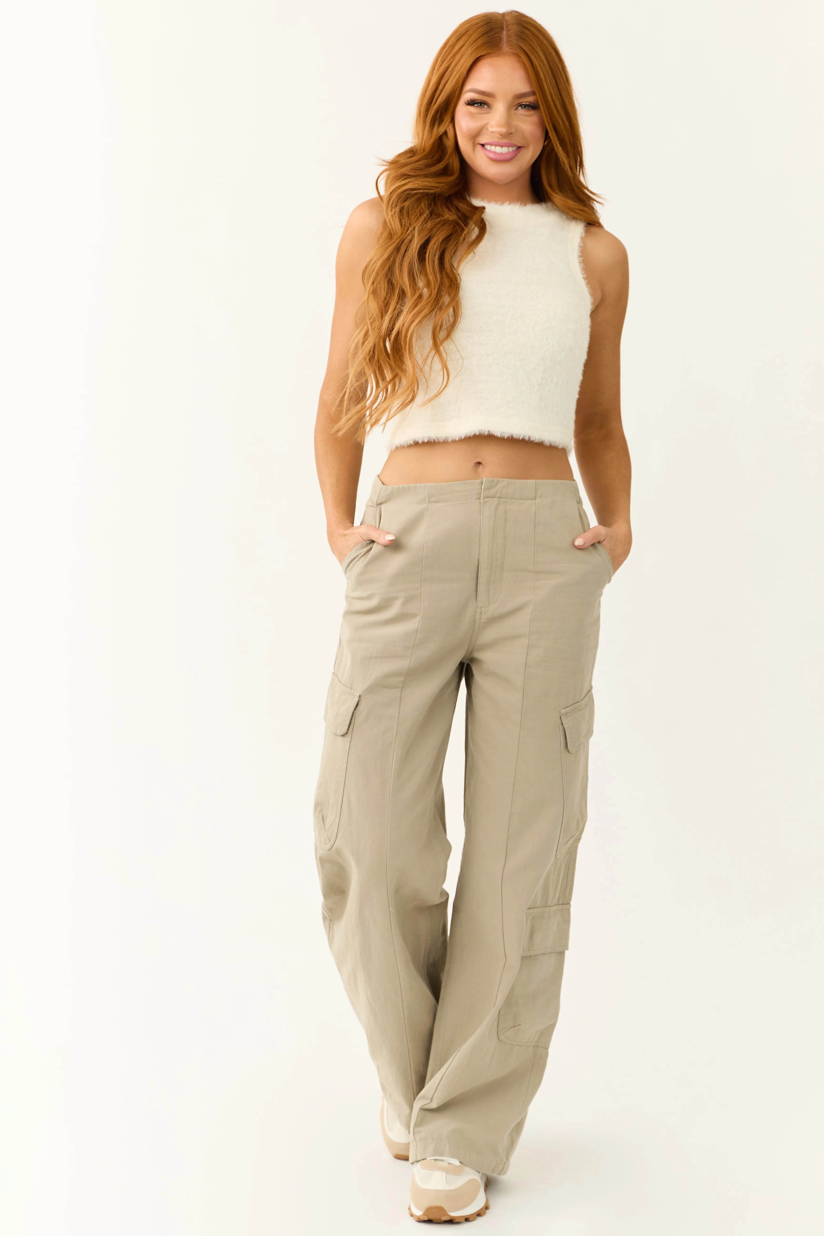 Faded Olive Mid Rise Wide Leg Cargo Pants sold by Lime Lush