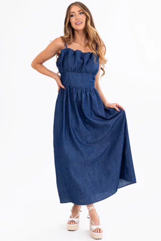 Dark Wash Denim Sleeveless Maxi Dress sold by Lime Lush