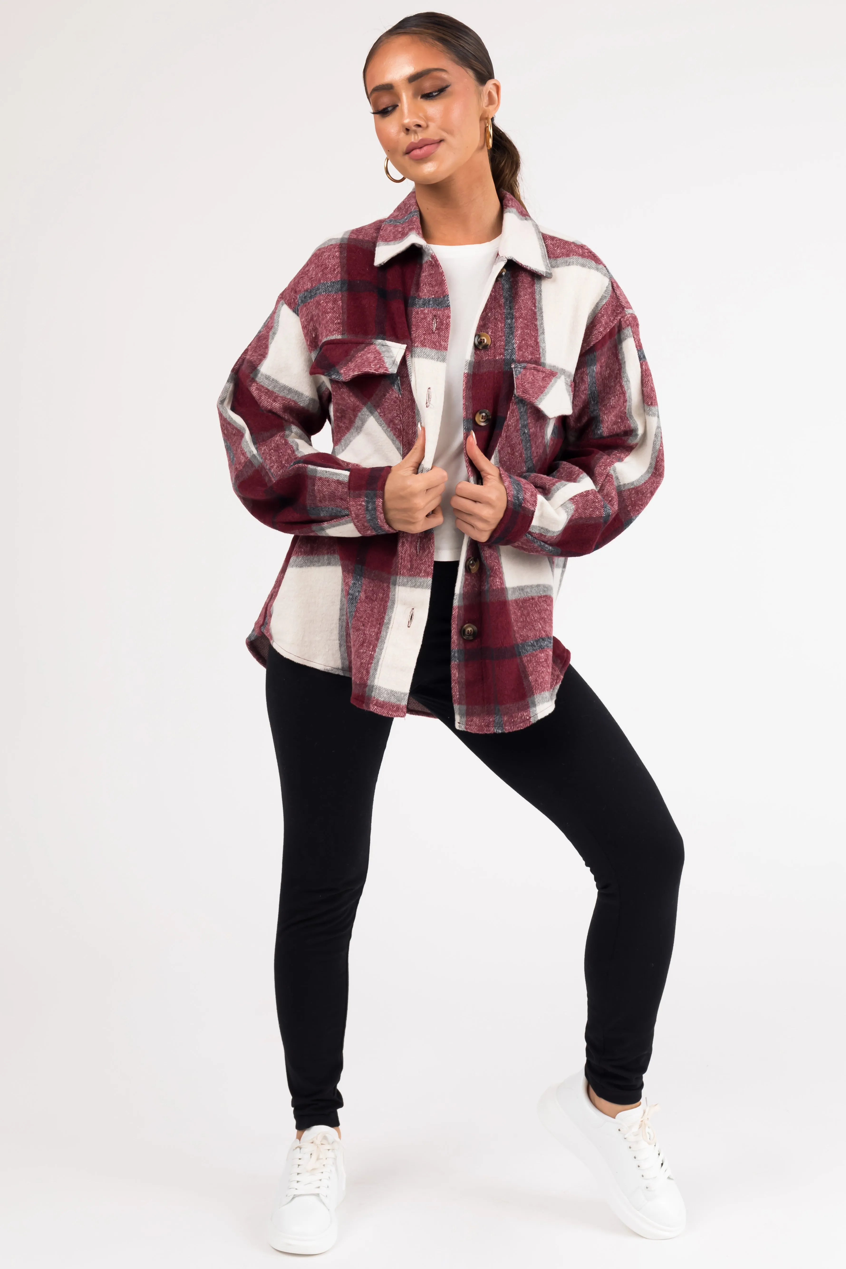 Maroon Plaid Soft Button Down Shacket sold by Lime Lush product image thumbnail 5
