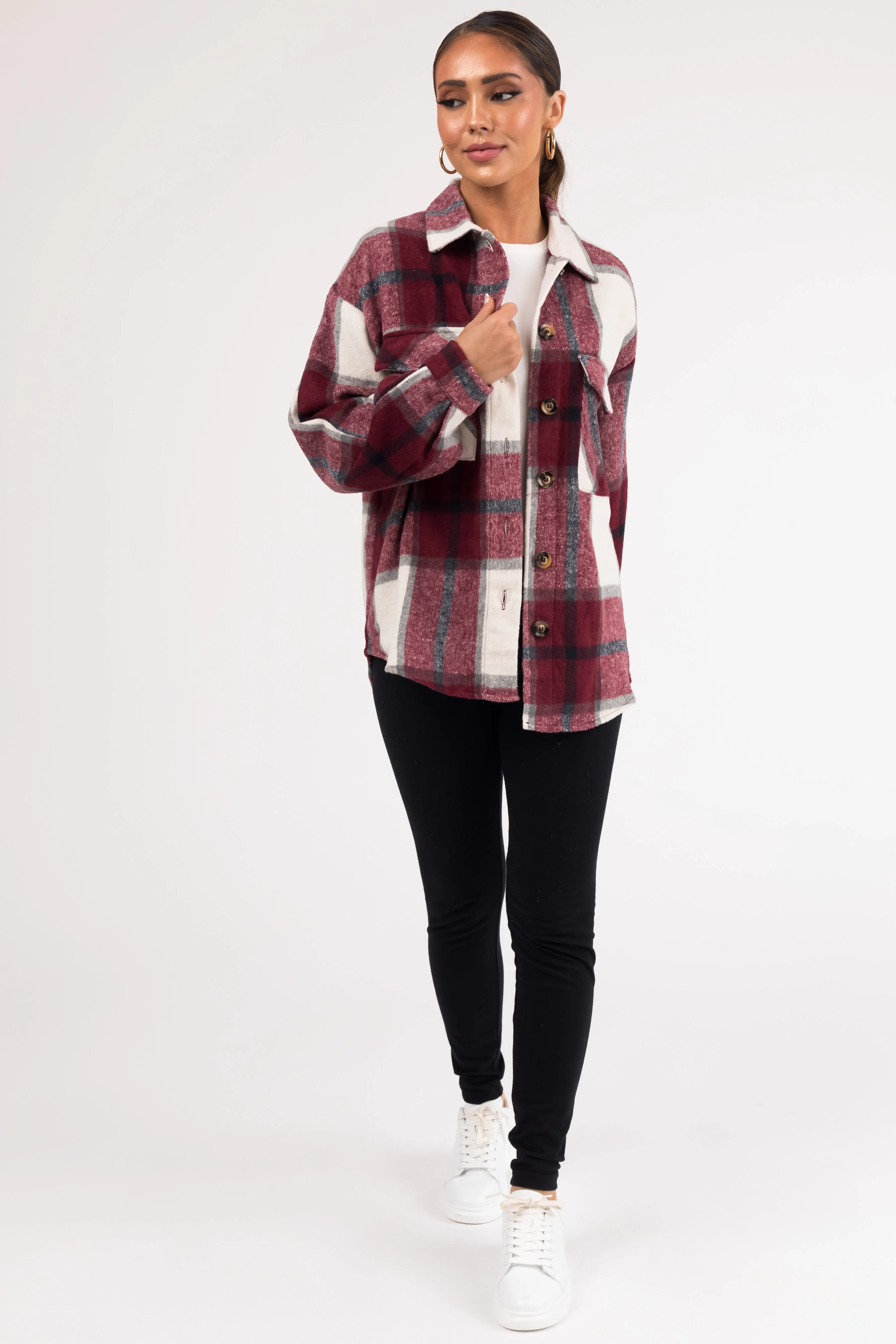 Maroon Plaid Soft Button Down Shacket sold by Lime Lush product image thumbnail 4