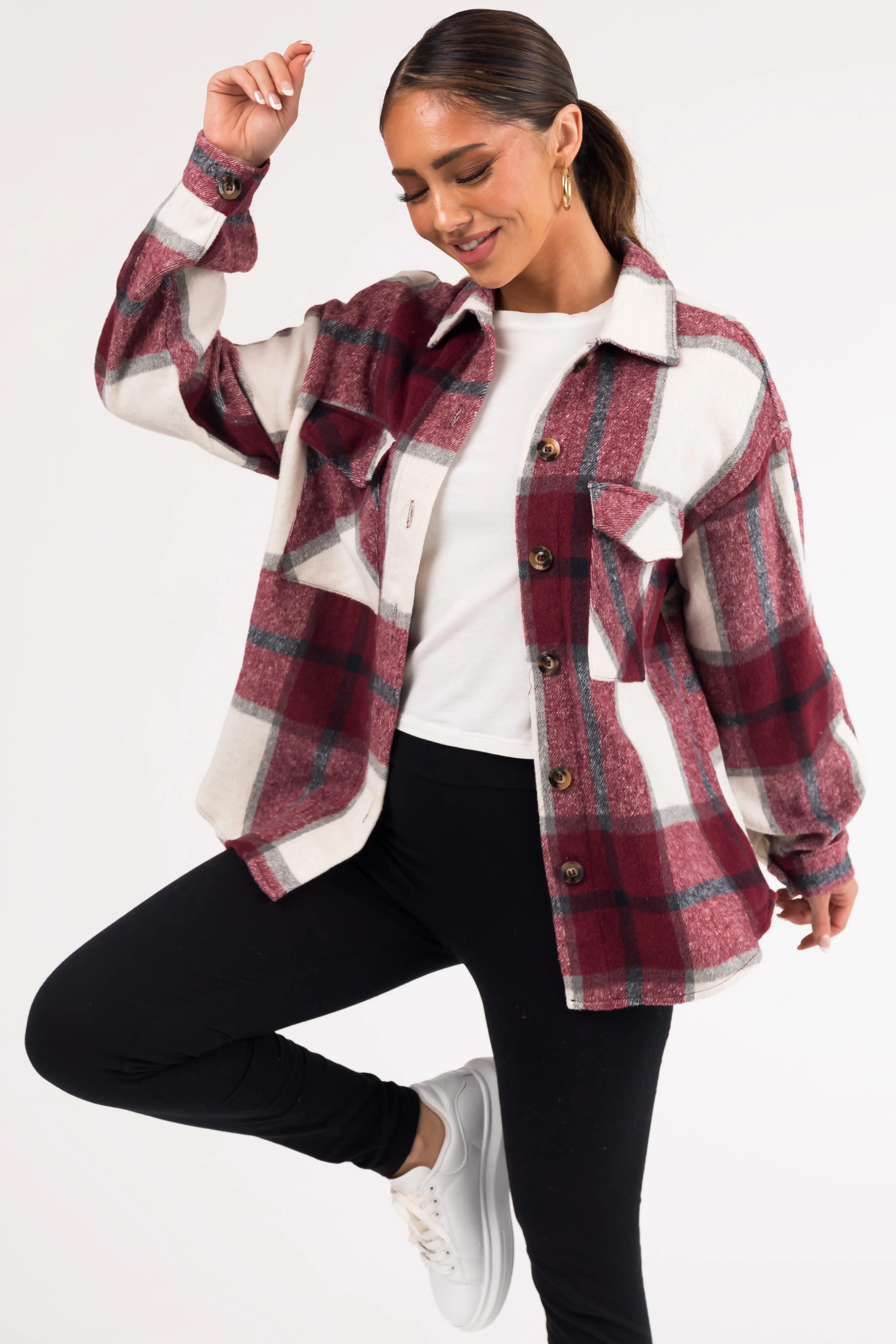Maroon Plaid Soft Button Down Shacket sold by Lime Lush product image thumbnail 2