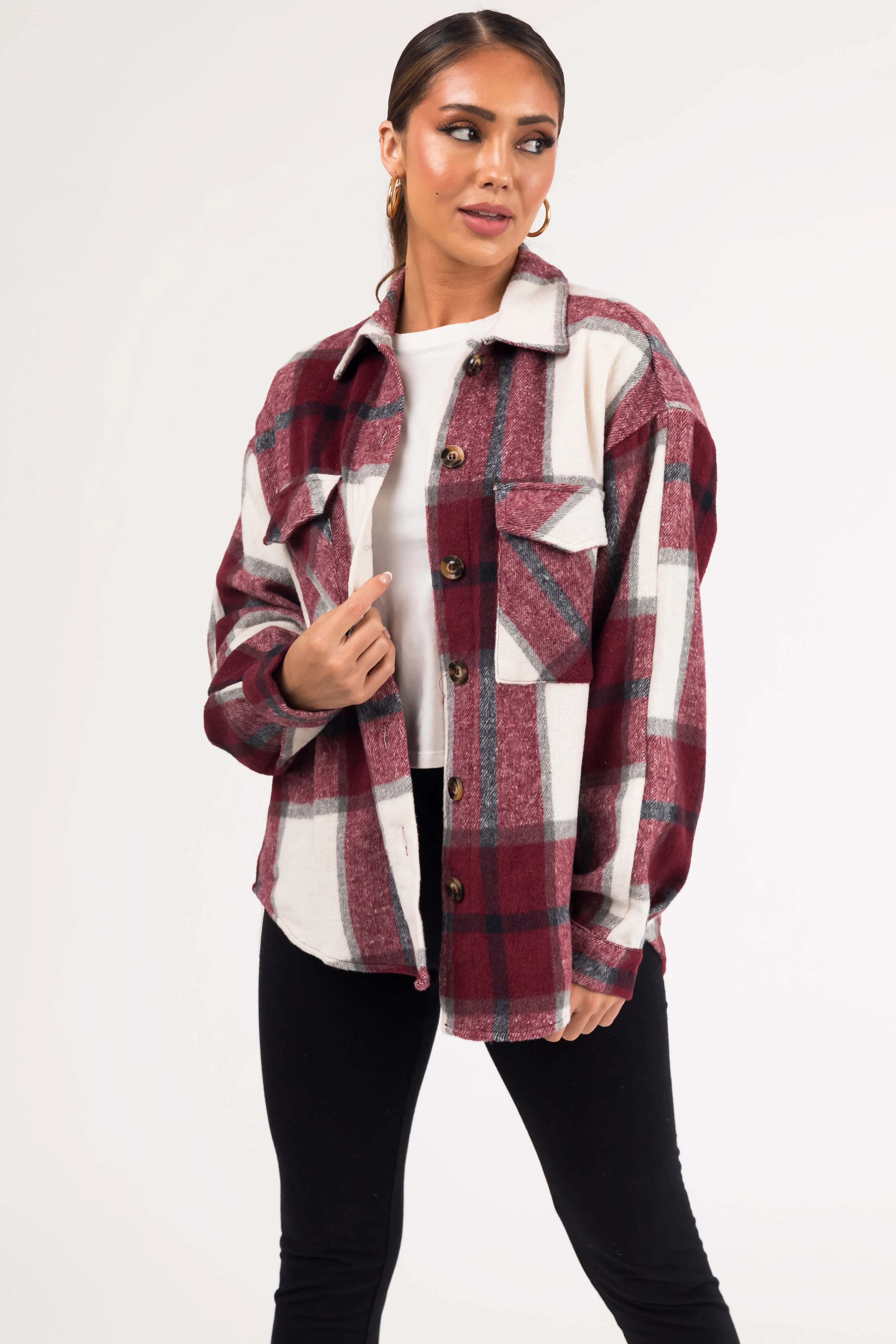 Maroon Plaid Soft Button Down Shacket sold by Lime Lush product image thumbnail 3