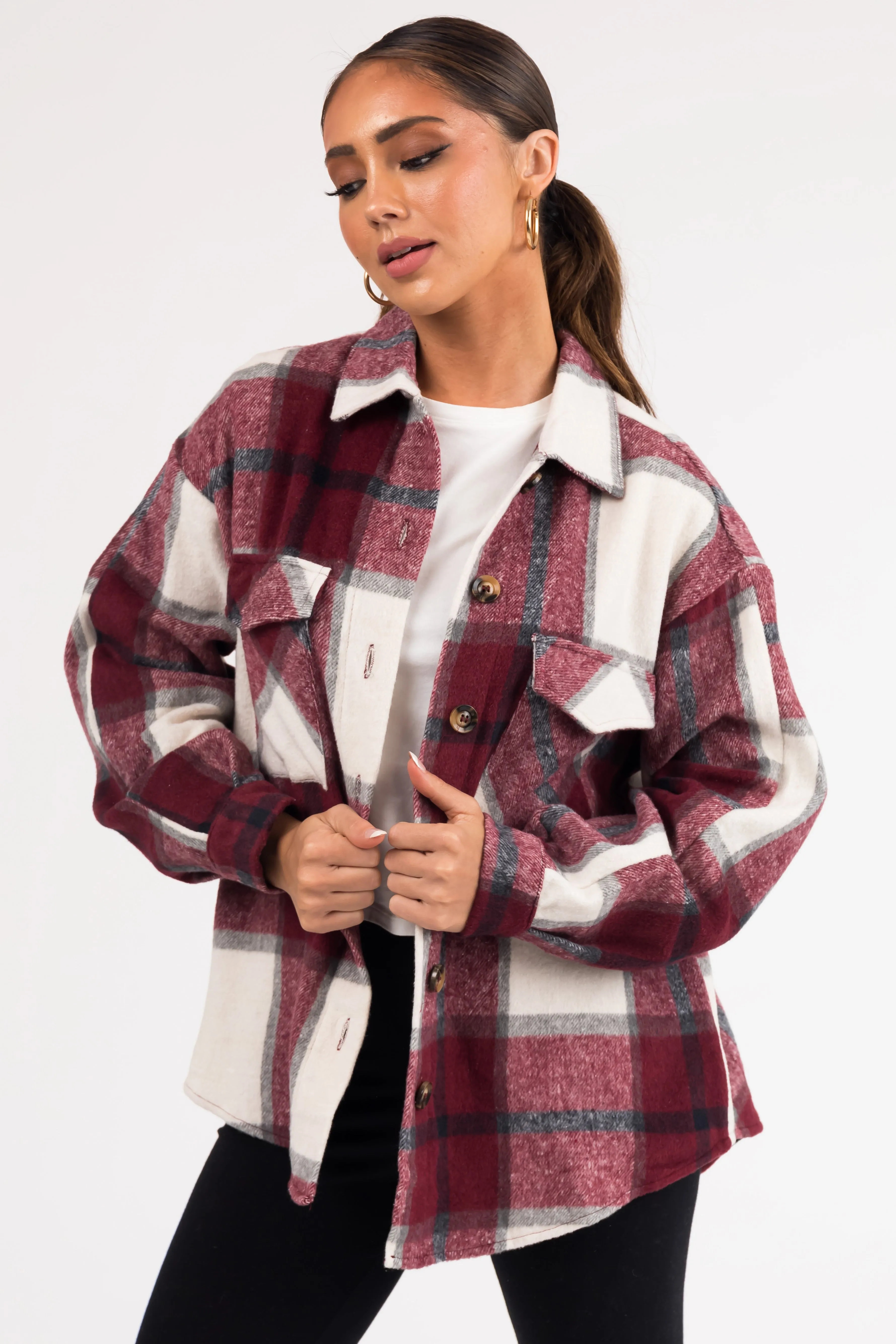 Maroon Plaid Soft Button Down Shacket sold by Lime Lush