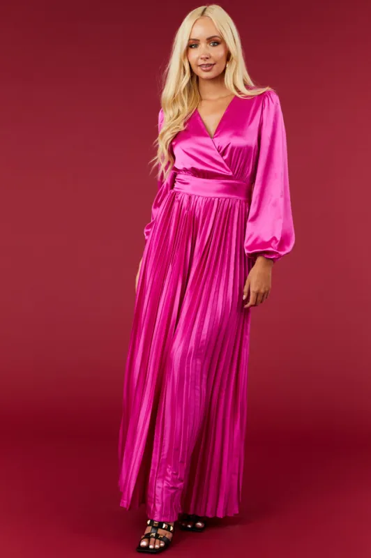 Flying Tomato Fuchsia Pleated Leg Long Puff Sleeve Jumpsuit sold by Lime Lush