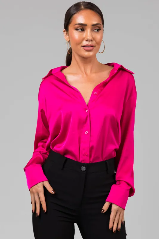 Hot Pink Satin Button Front Collared Shirt sold by Lime Lush