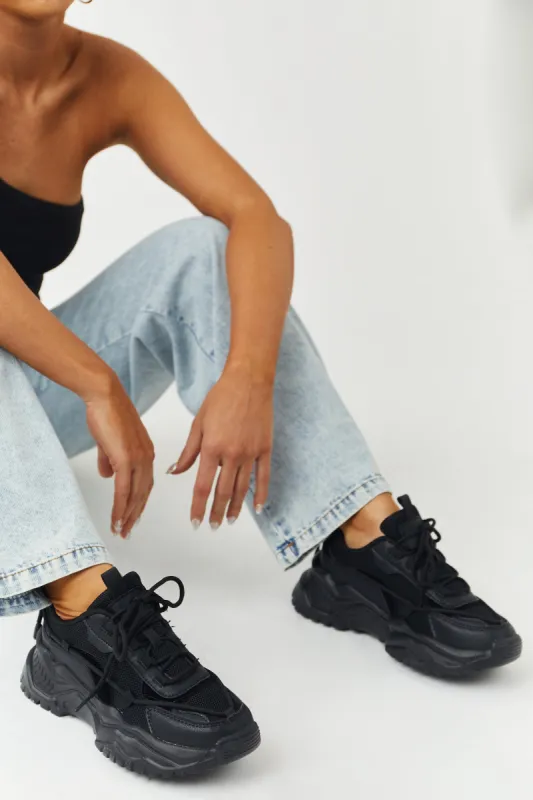 Black Chunky Tread Cinch Lace Sneakers sold by Lime Lush