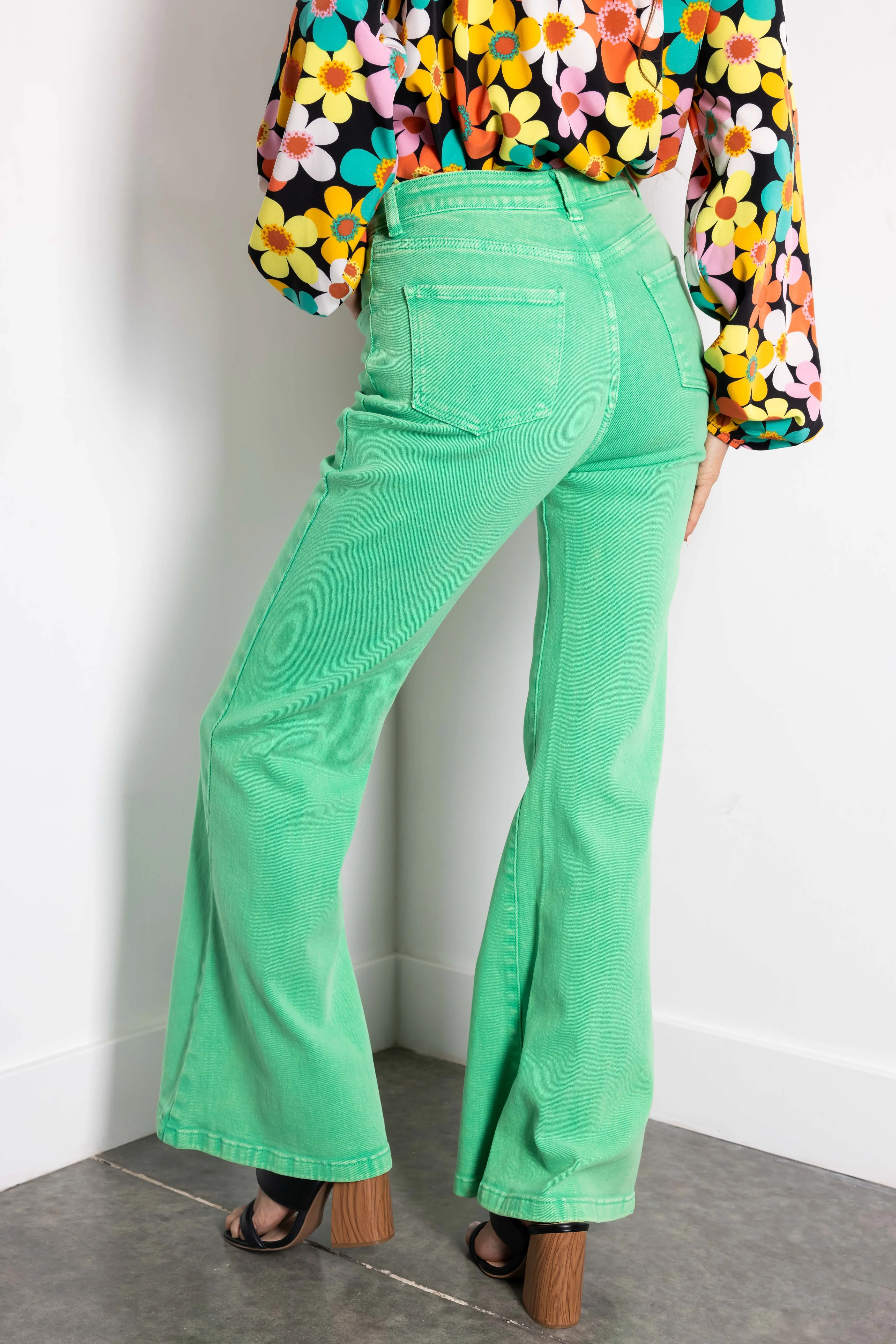 Flying Tomato Kelly Green Washed Flare Jeans sold by Lime Lush product image thumbnail 5