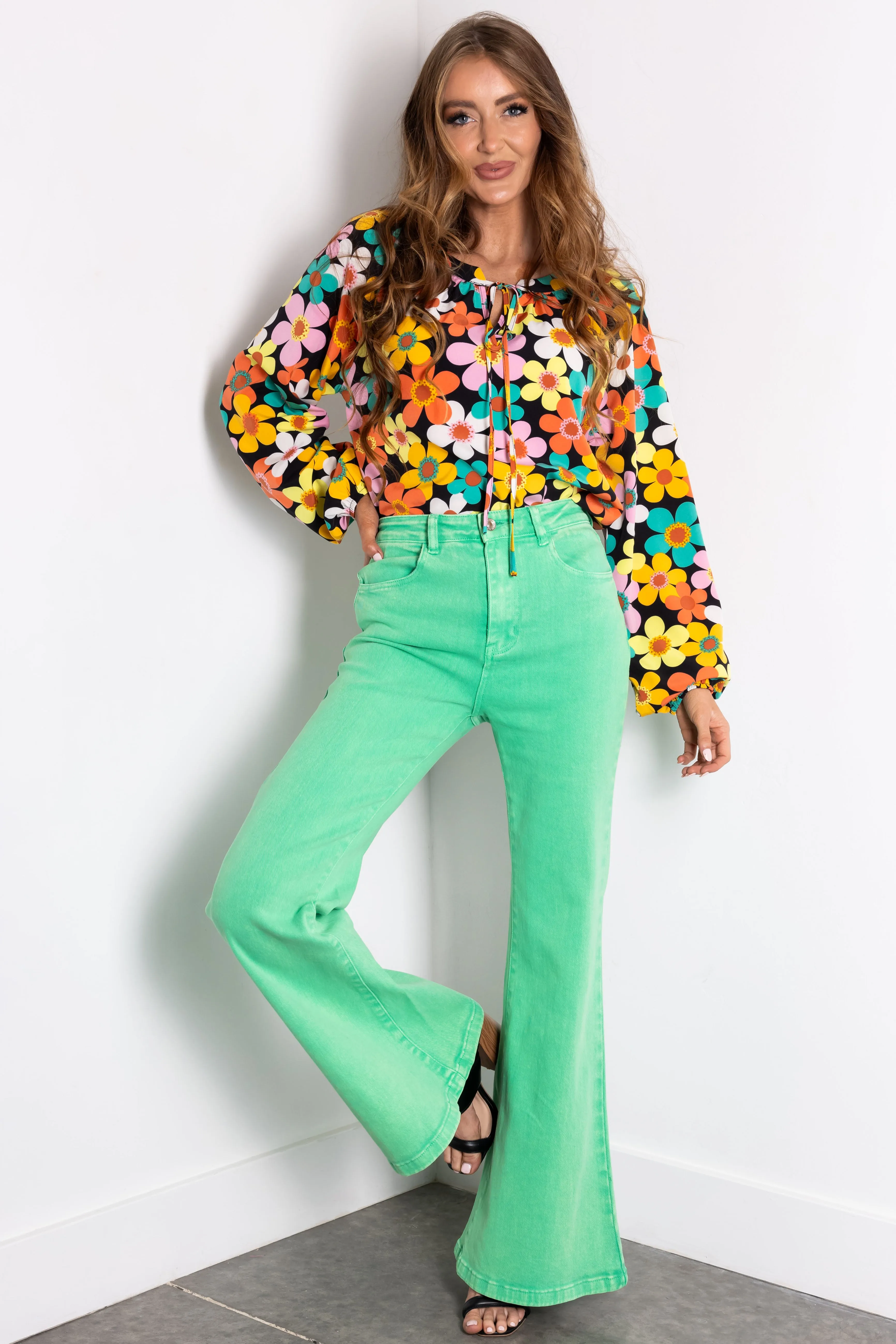 Flying Tomato Kelly Green Washed Flare Jeans sold by Lime Lush