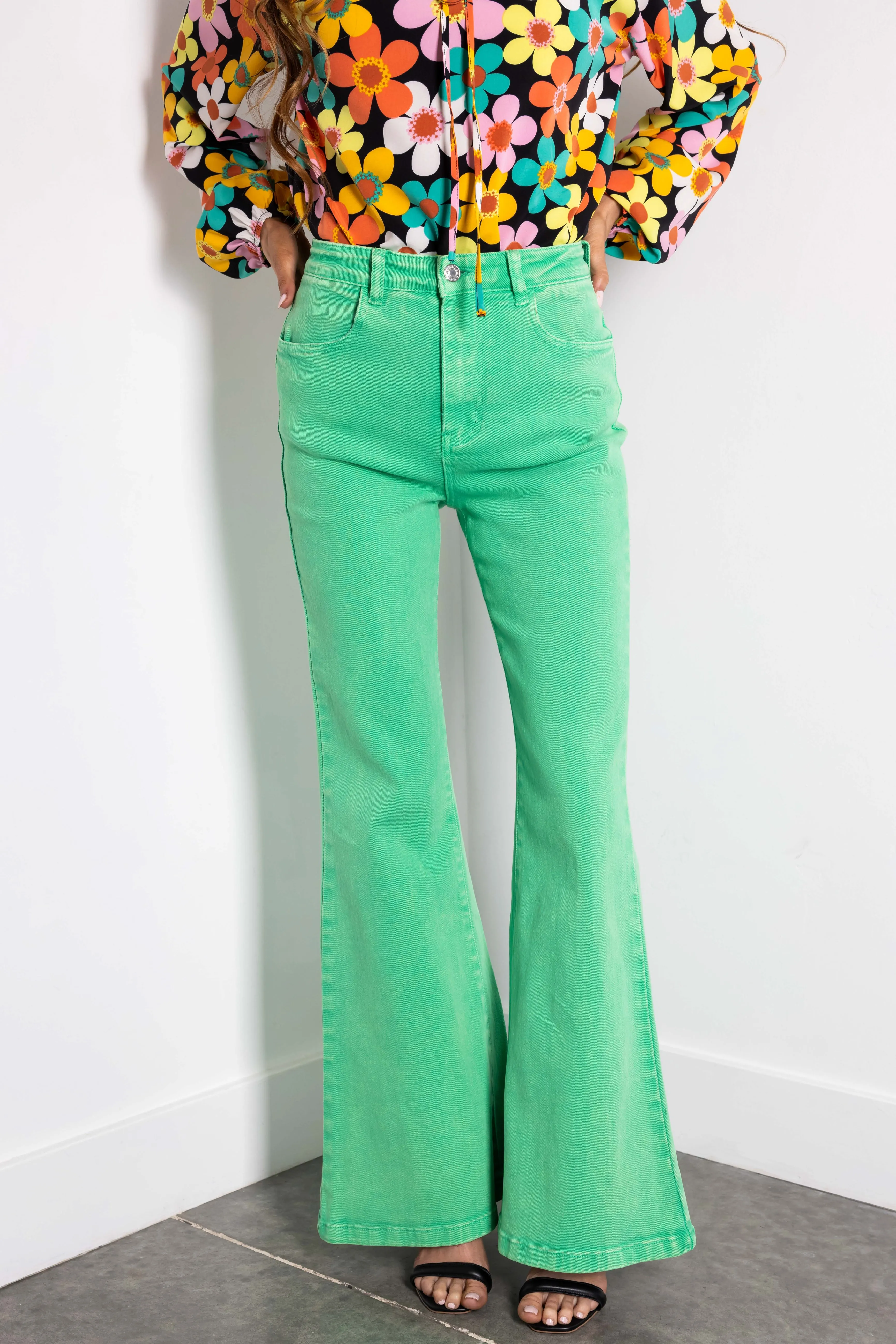Flying Tomato Kelly Green Washed Flare Jeans sold by Lime Lush product image thumbnail 2