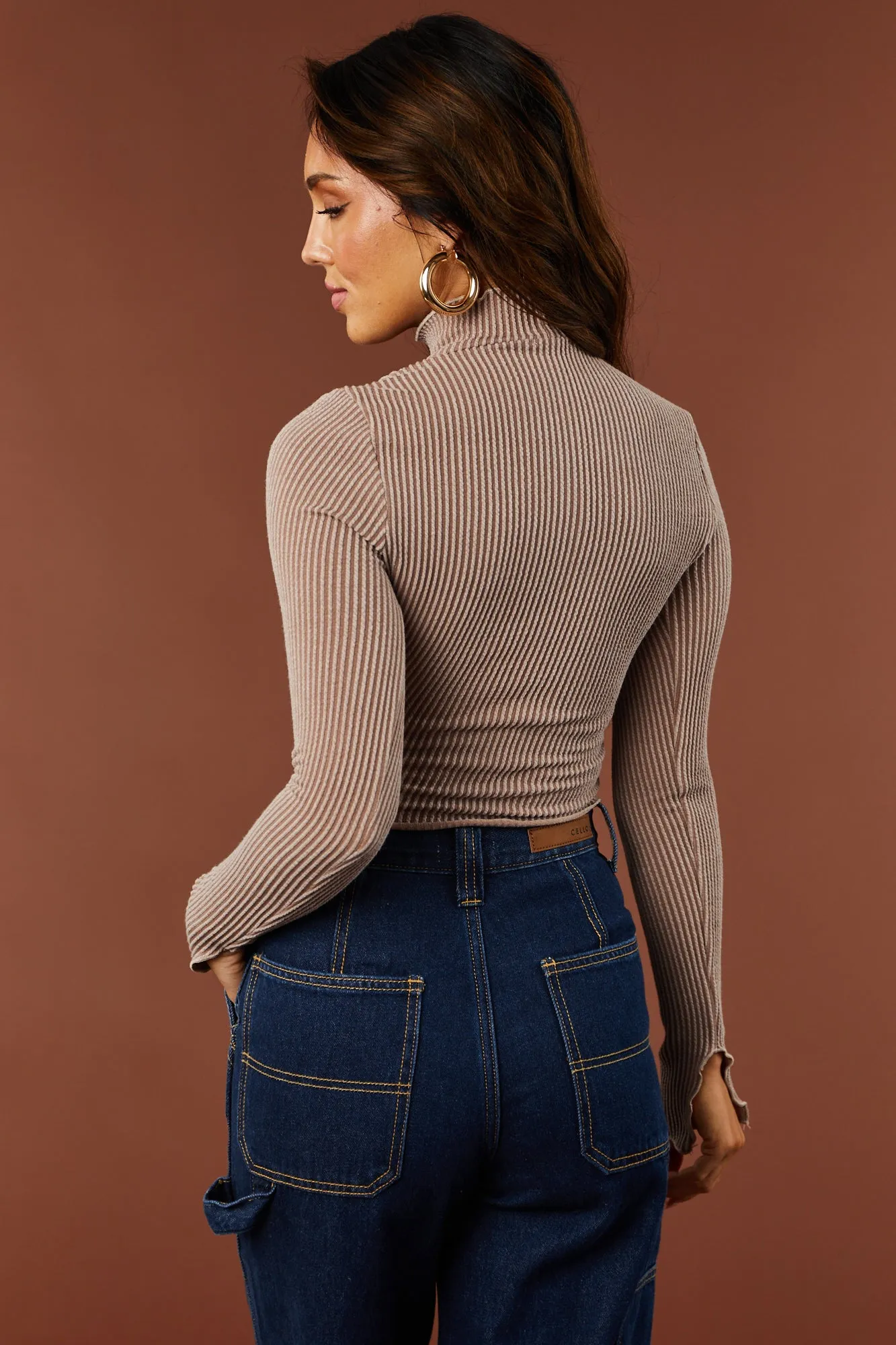 Mocha Ribbed Two Tone Lettuce Trim Crop Top sold by Lime Lush product image thumbnail 4