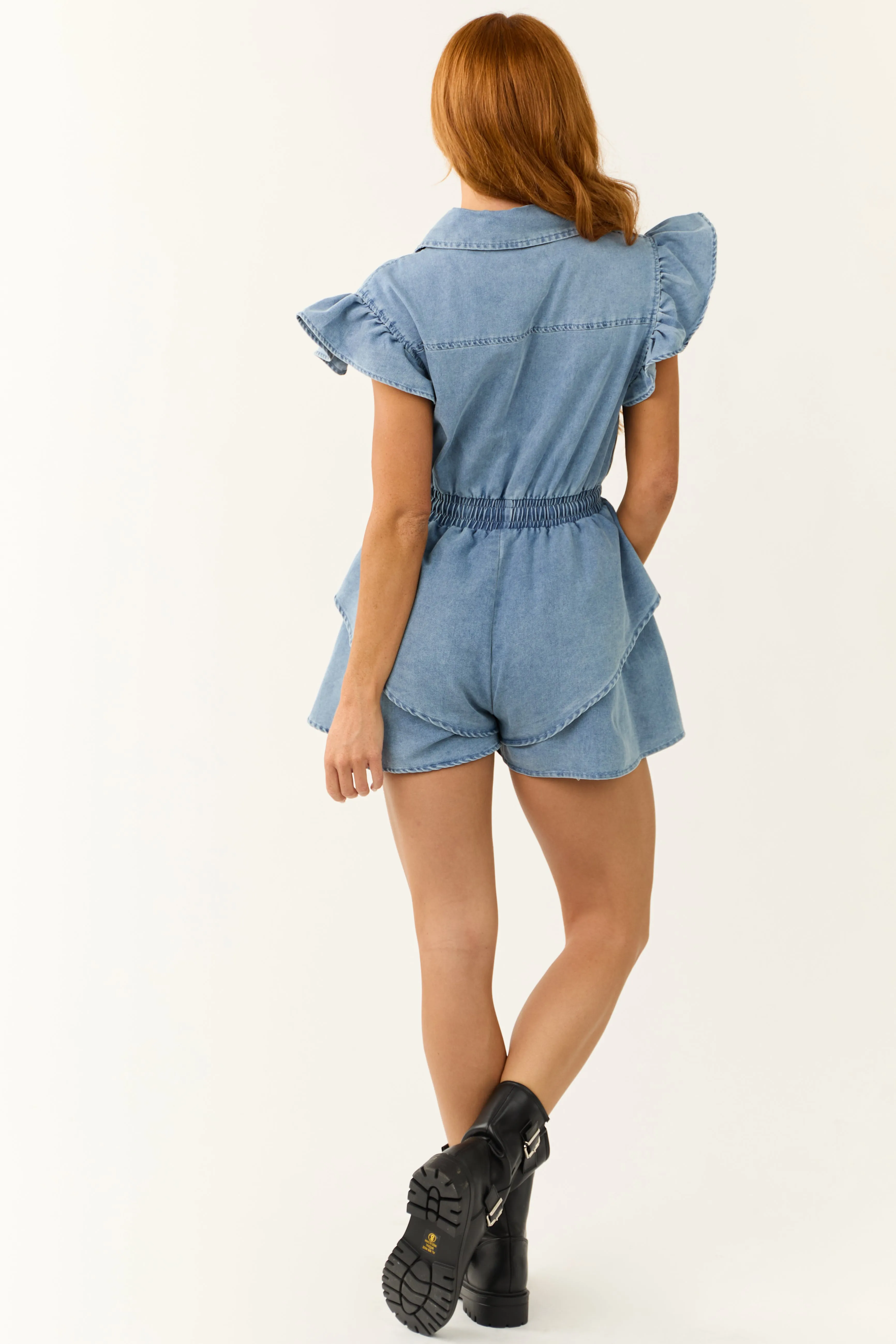 Medium Wash Denim Ruffle Button Down Romper sold by Lime Lush product image thumbnail 5