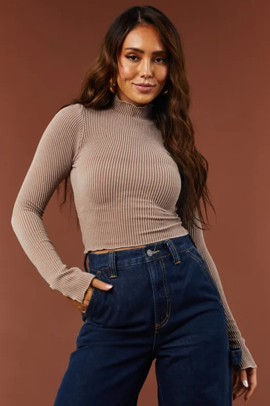 Mocha Ribbed Two Tone Lettuce Trim Crop Top sold by Lime Lush