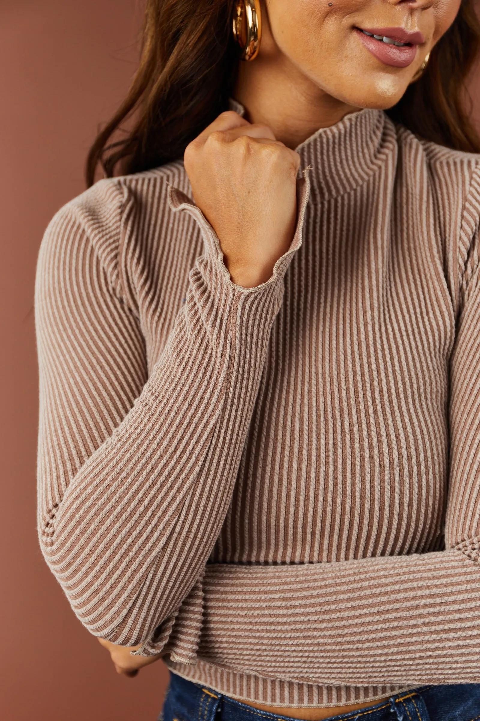 Mocha Ribbed Two Tone Lettuce Trim Crop Top sold by Lime Lush product image thumbnail 5