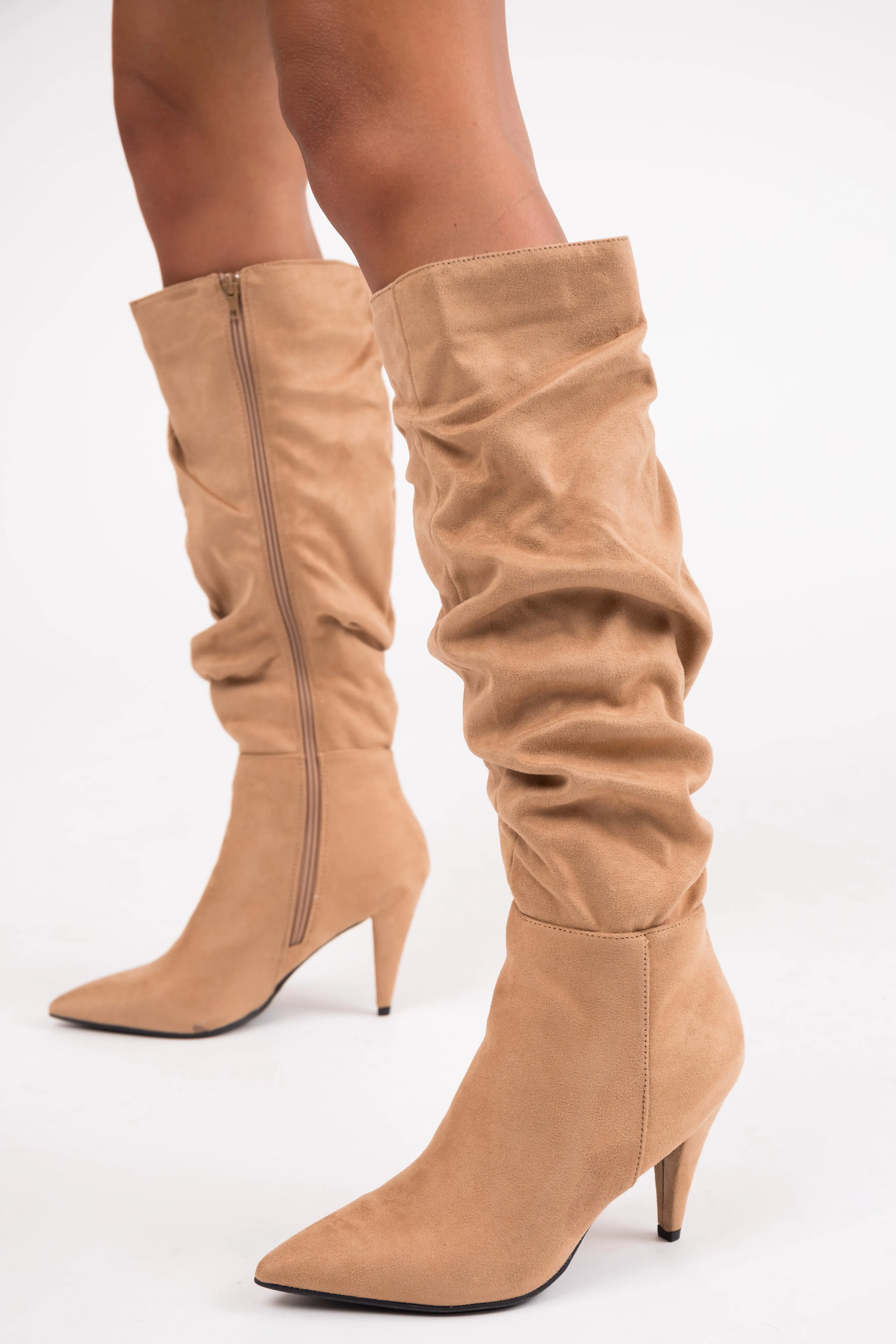 Camel Slouchy Side Zip Up Pointed Heel Boots sold by Lime Lush product image thumbnail 2