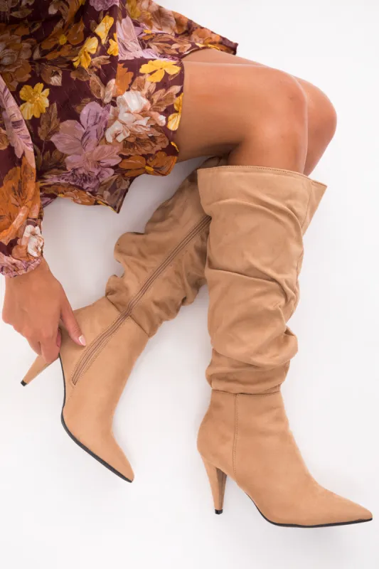 Camel Slouchy Side Zip Up Pointed Heel Boots sold by Lime Lush