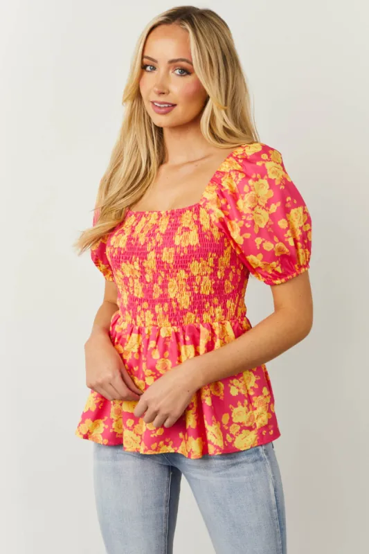 Pink Floral Puff Sleeve Smocked Peplum Top sold by Lime Lush
