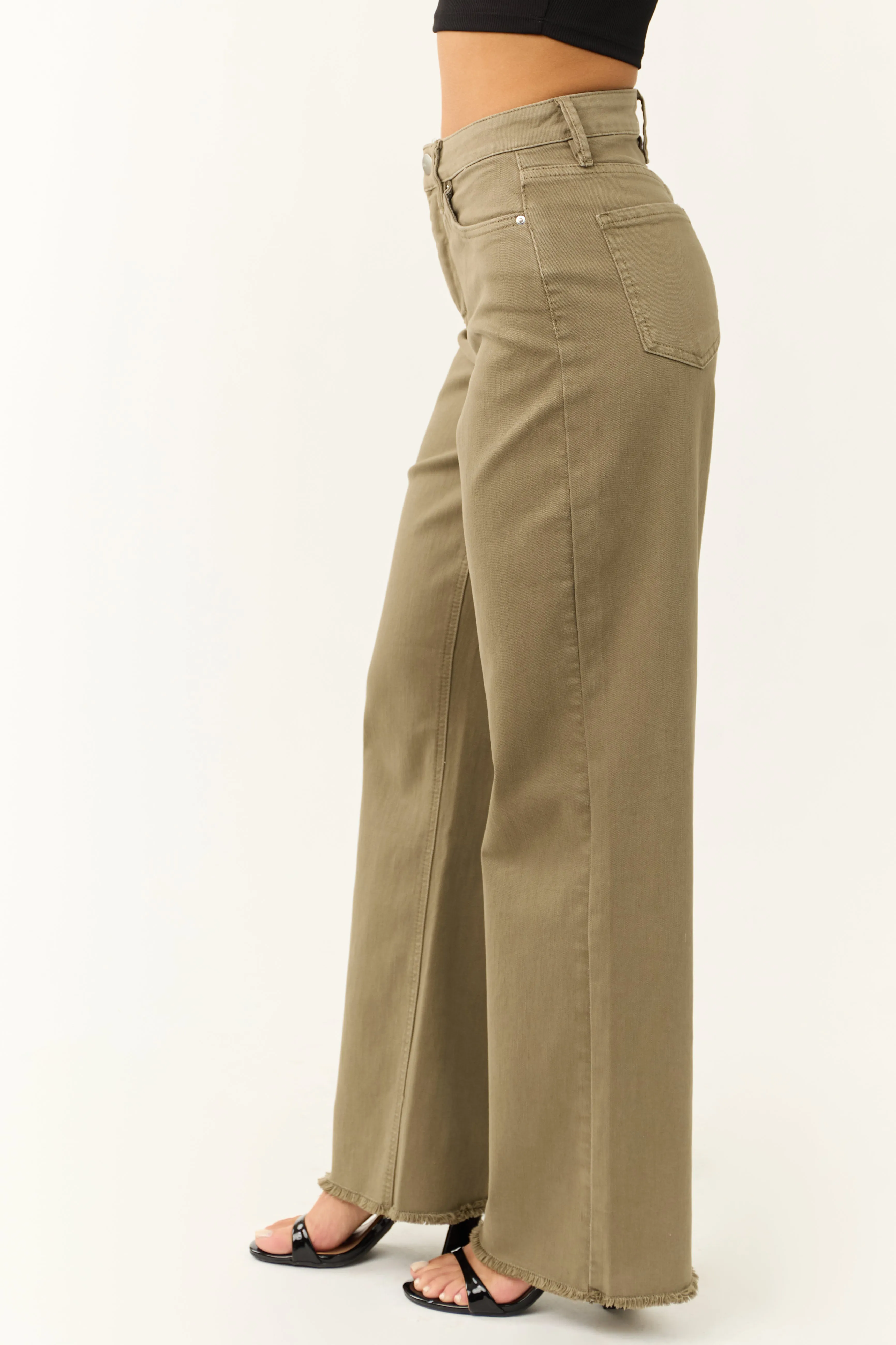 YMI Olive Wide Leg Frayed Hem Jeans sold by Lime Lush product image thumbnail 3