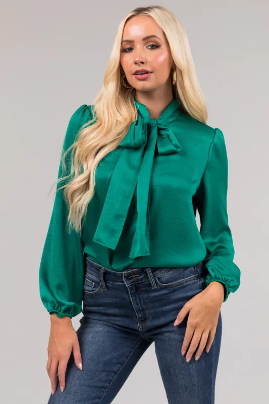 Jade Bow Tie Neck Long Sleeve Satin Blouse sold by Lime Lush