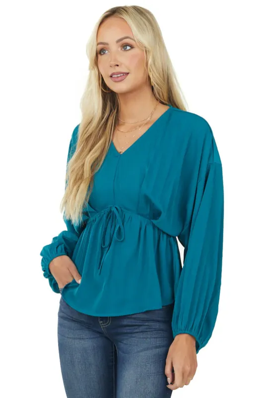 Deep Teal Pleated Long Sleeve Waist Tie Blouse sold by Lime Lush