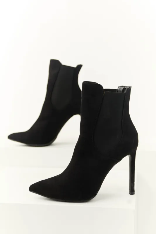 Black Faux Suede Elastic Panel Stiletto Booties sold by Lime Lush