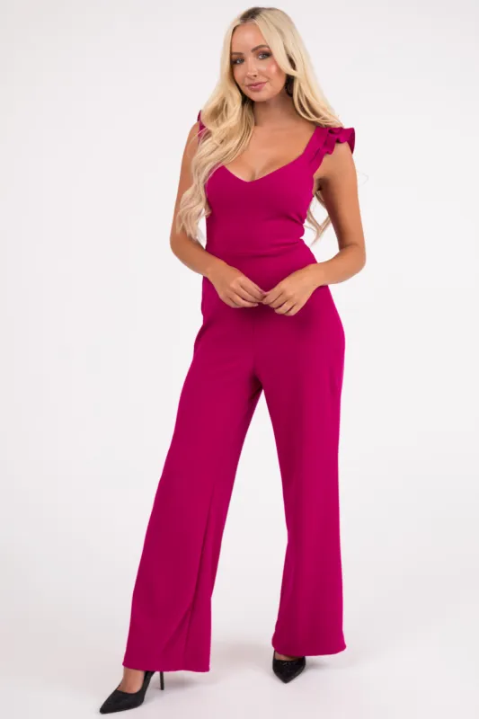 Lila Mulberry Ruffle Cap Sleeve Open Tie Back Jumpsuit sold by Lime Lush