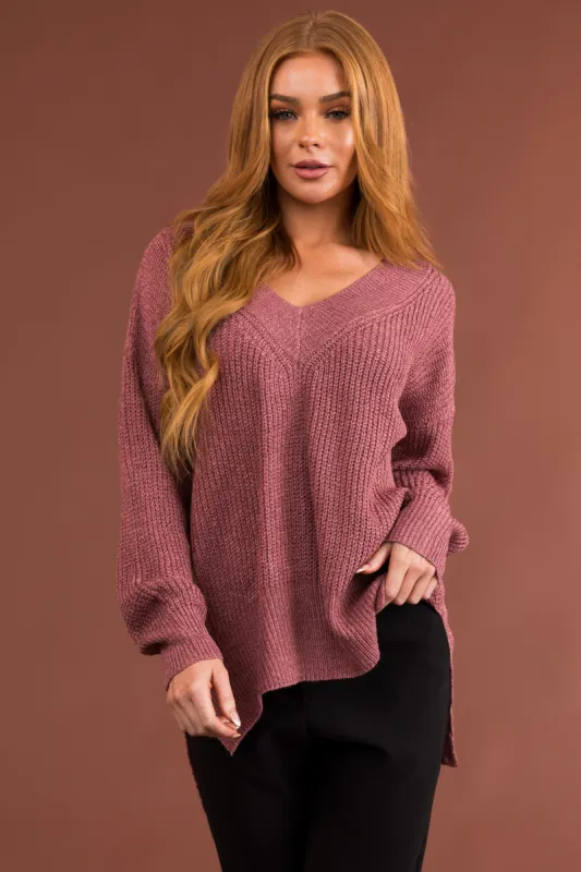 Dusty Rose V Neck High Low Sweater sold by Lime Lush