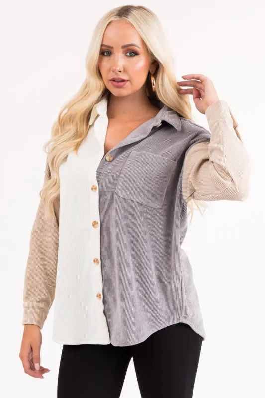 Steel Colorblock Button Up Corduroy Shacket sold by Lime Lush