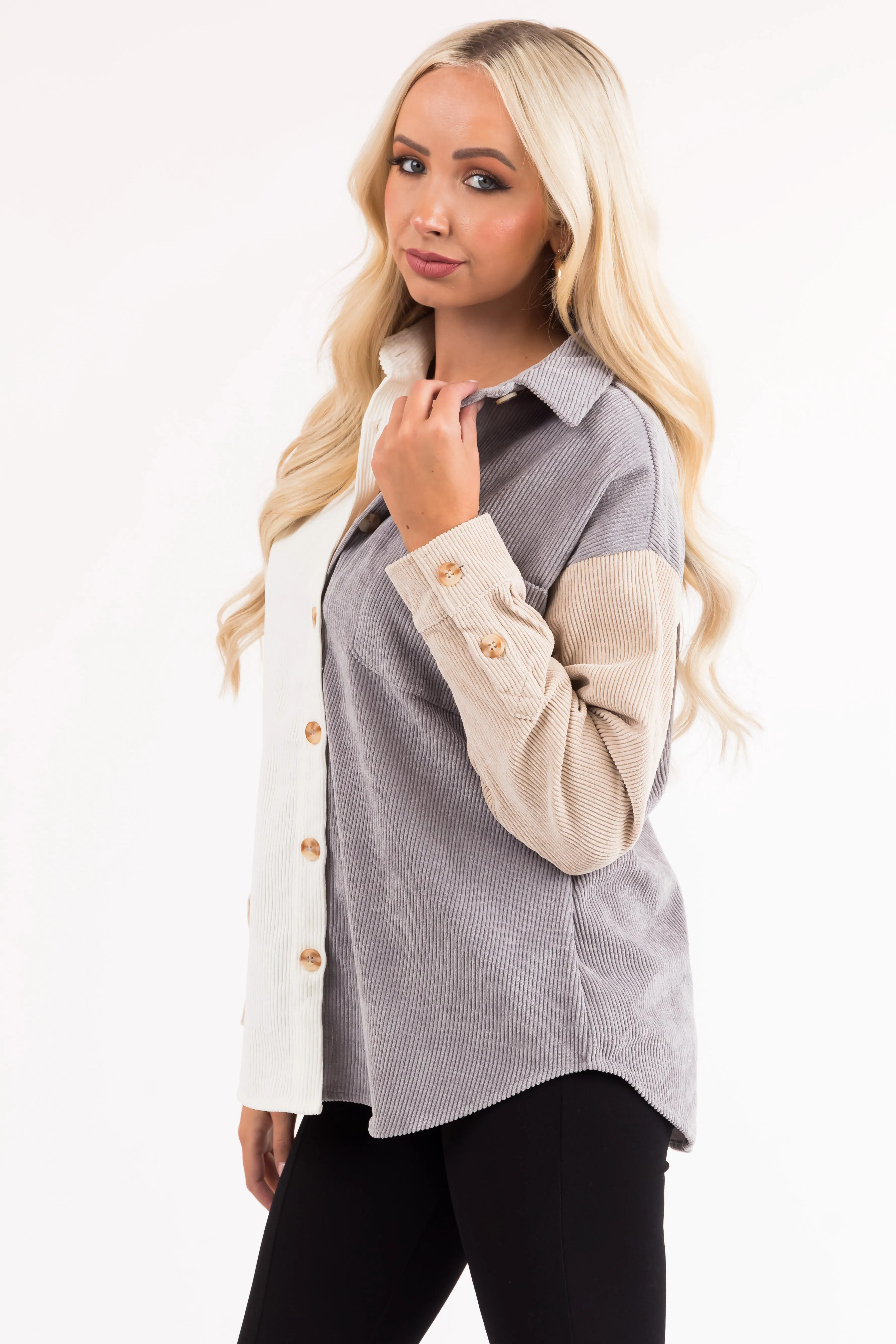 Steel Colorblock Button Up Corduroy Shacket sold by Lime Lush product image thumbnail 5