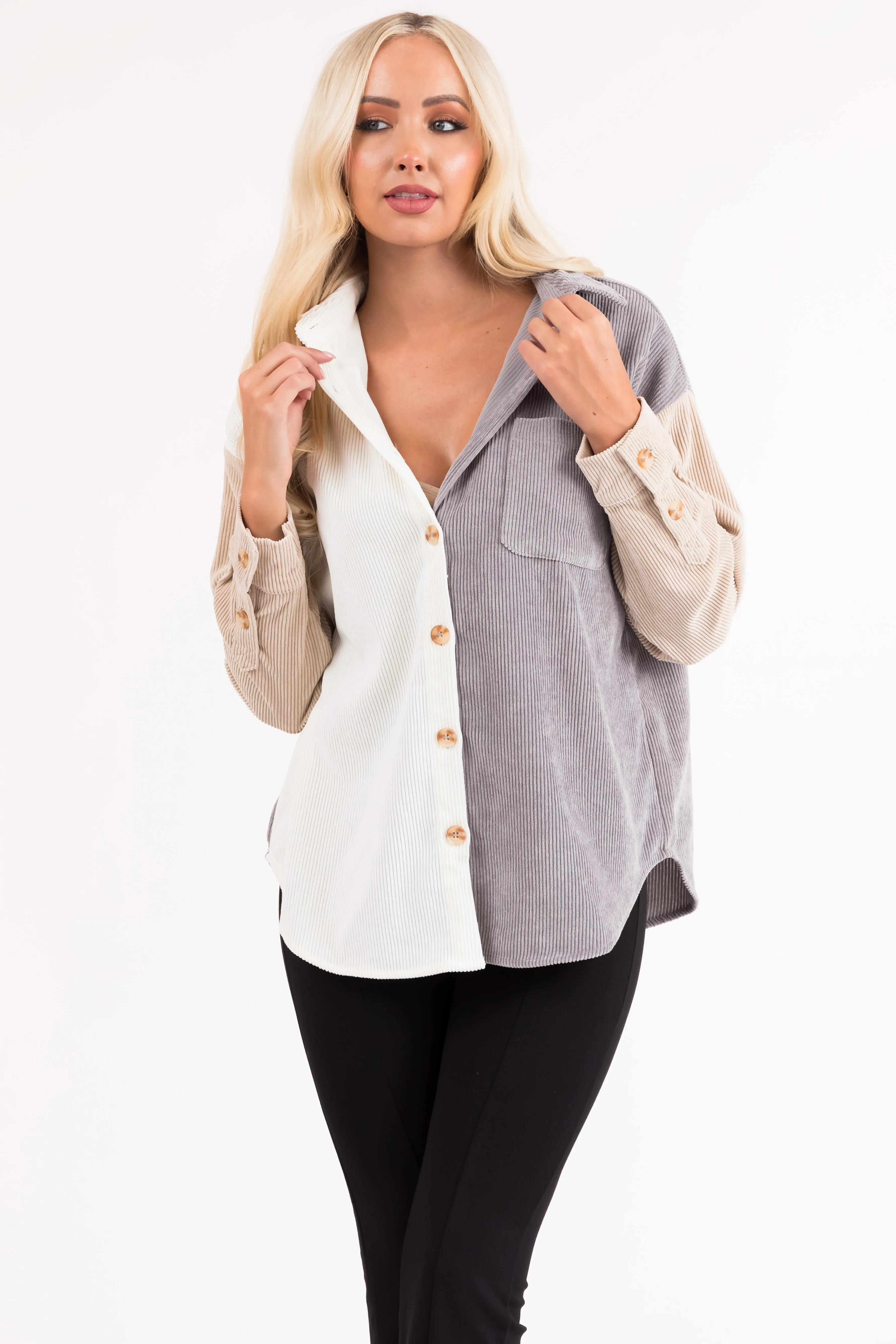 Steel Colorblock Button Up Corduroy Shacket sold by Lime Lush product image thumbnail 3