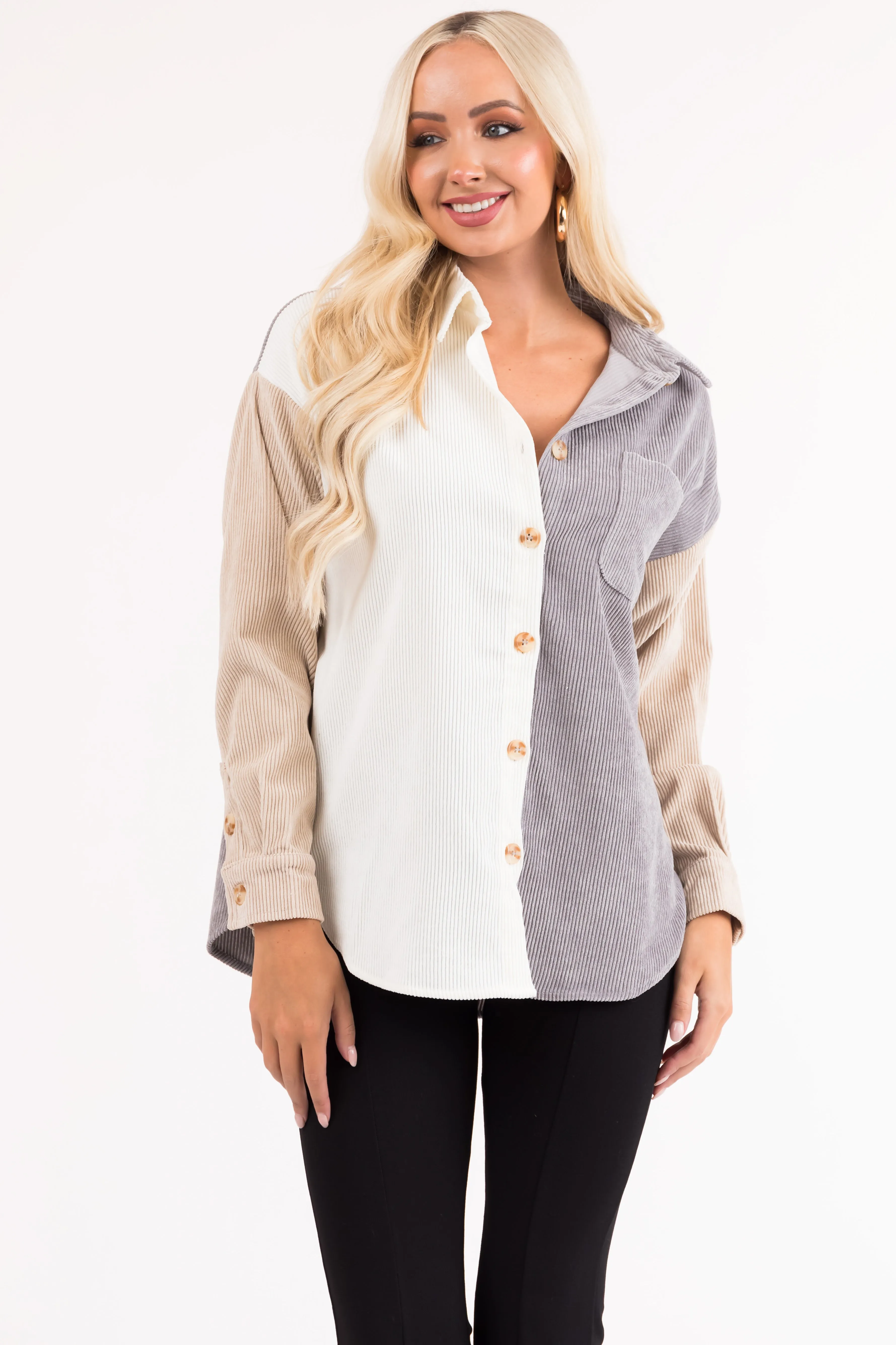 Steel Colorblock Button Up Corduroy Shacket sold by Lime Lush product image thumbnail 2
