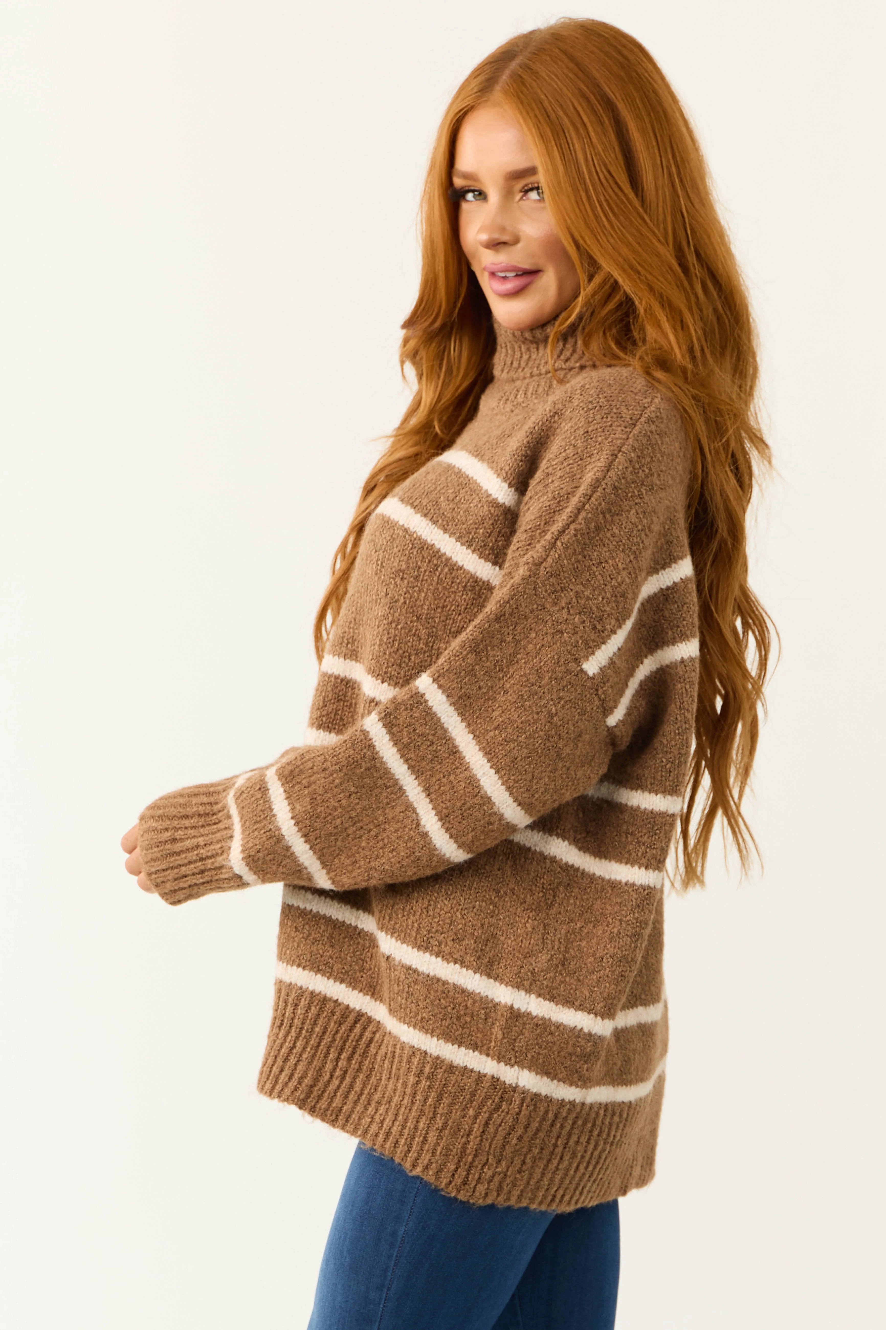 Coffee and Ivory Striped Turtleneck Sweater sold by Lime Lush product image thumbnail 5
