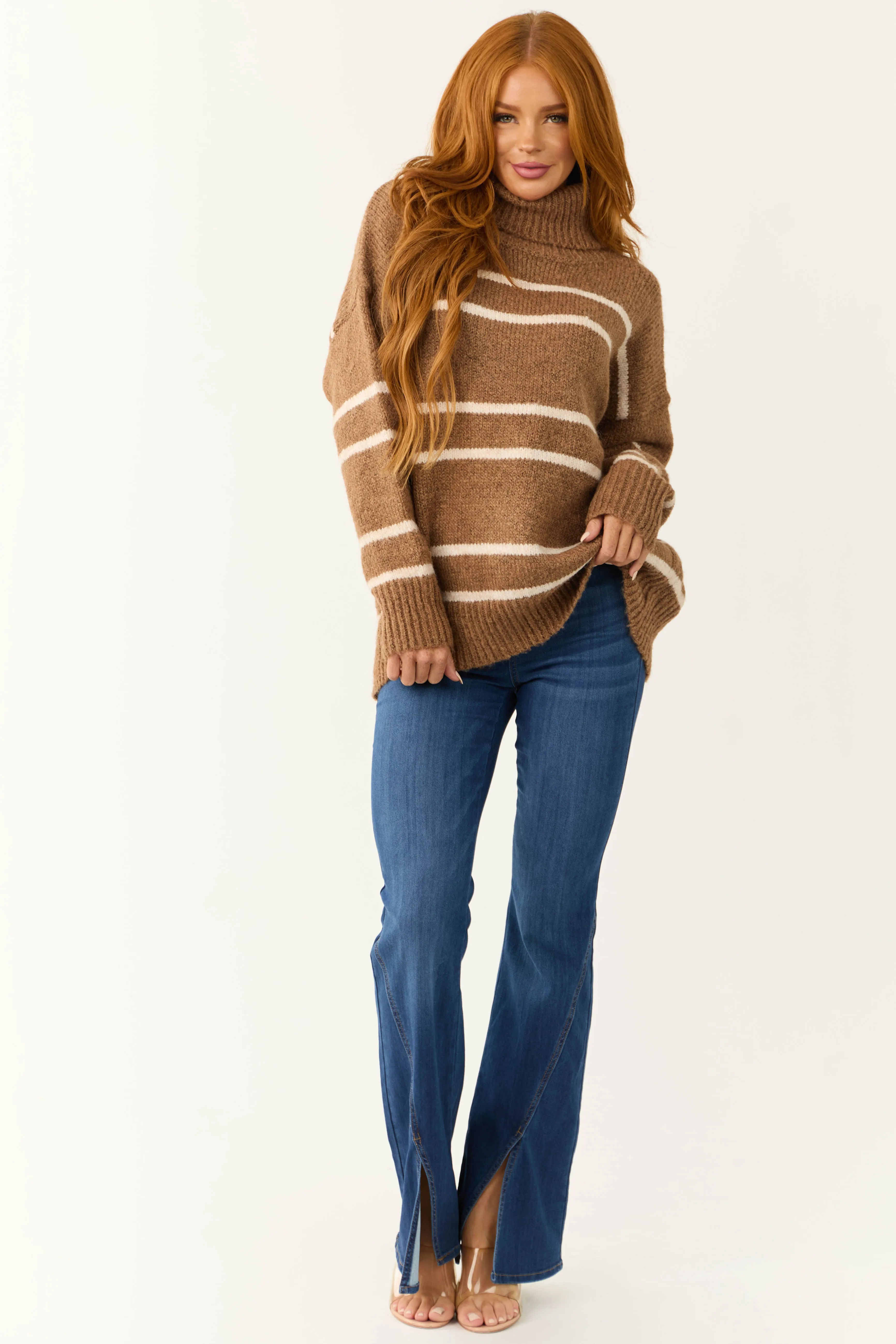 Coffee and Ivory Striped Turtleneck Sweater sold by Lime Lush product image thumbnail 4