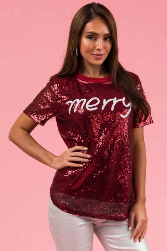 Burgundy Sequined 'merry' Short Sleeve Top made by Staccato