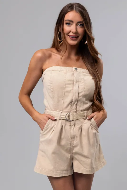 Sand Denim Mineral Wash Strapless Romper sold by Lime Lush
