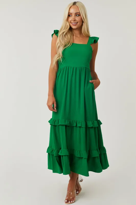 Jade Green Square Neck Ruffle Trim Maxi Dress sold by Lime Lush