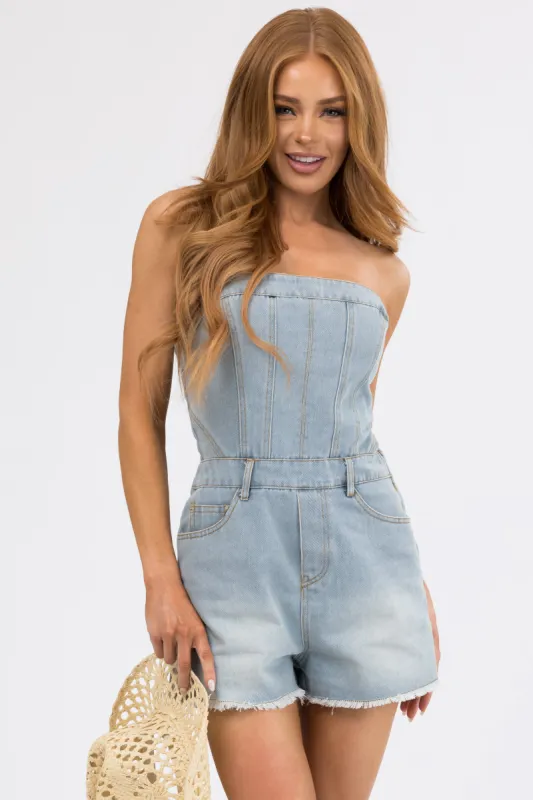 Light Wash Denim Strapless Frayed Hem Romper sold by Lime Lush