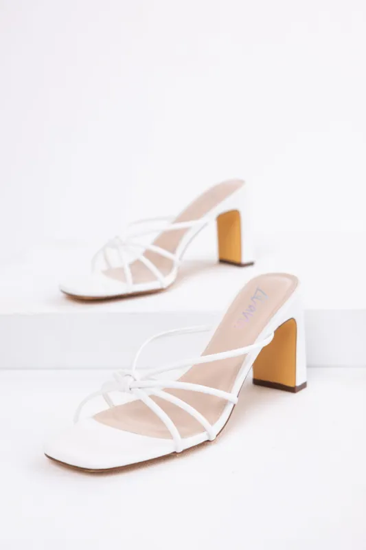 White Strappy Knot Slip On Dress Heels sold by Lime Lush