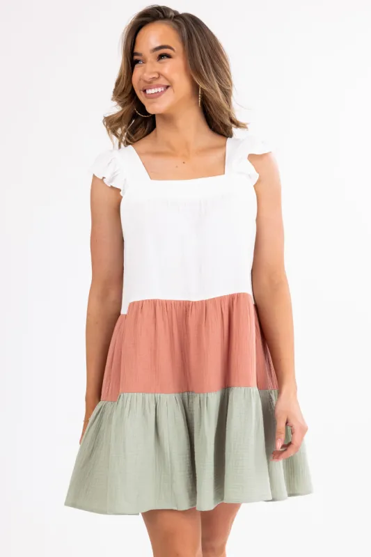 Ivory Ruffle Sleeve Colorblock Short Dress sold by Lime Lush
