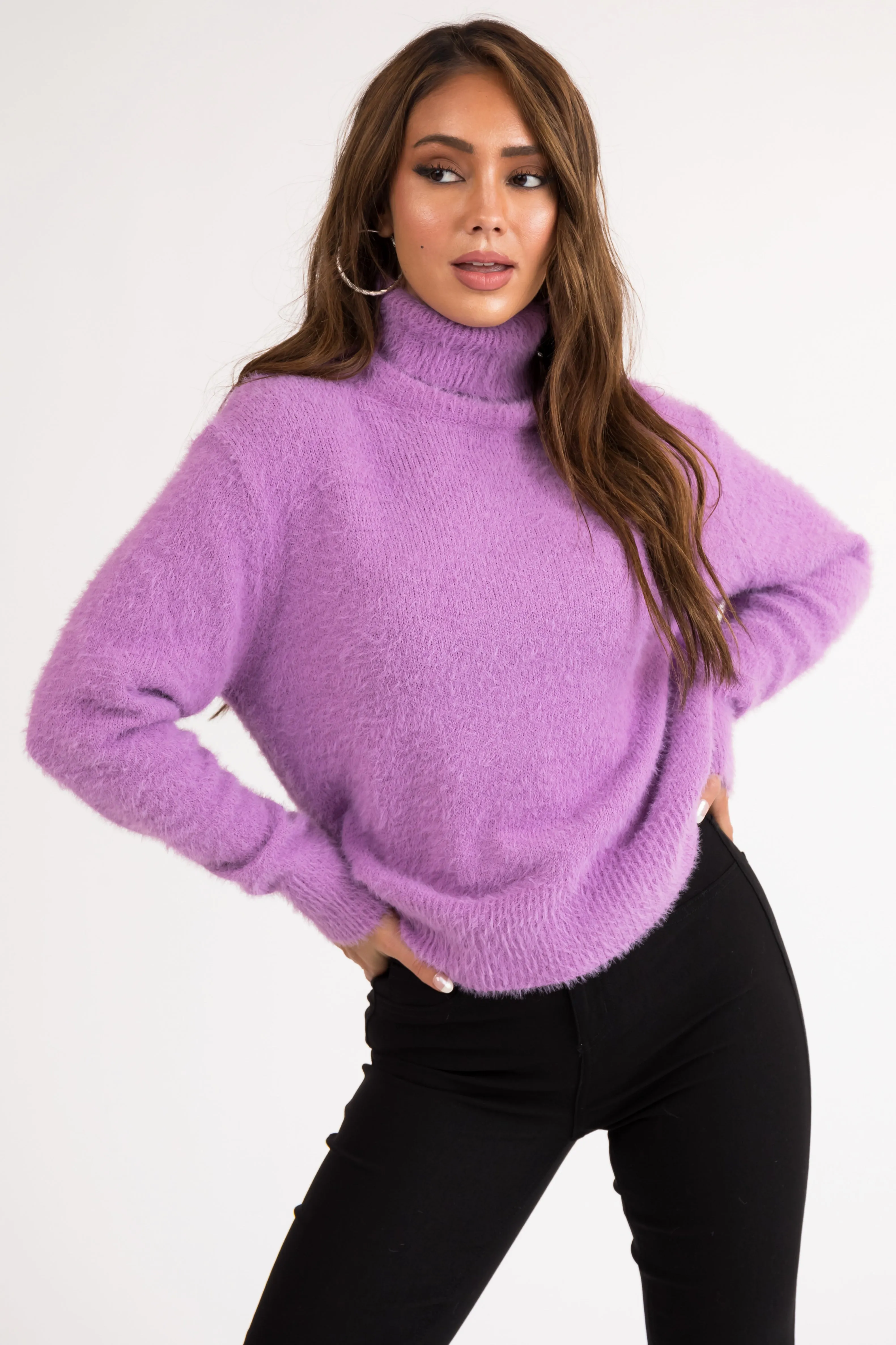Iris Fuzzy Long Sleeve Turtleneck Sweater sold by Lime Lush