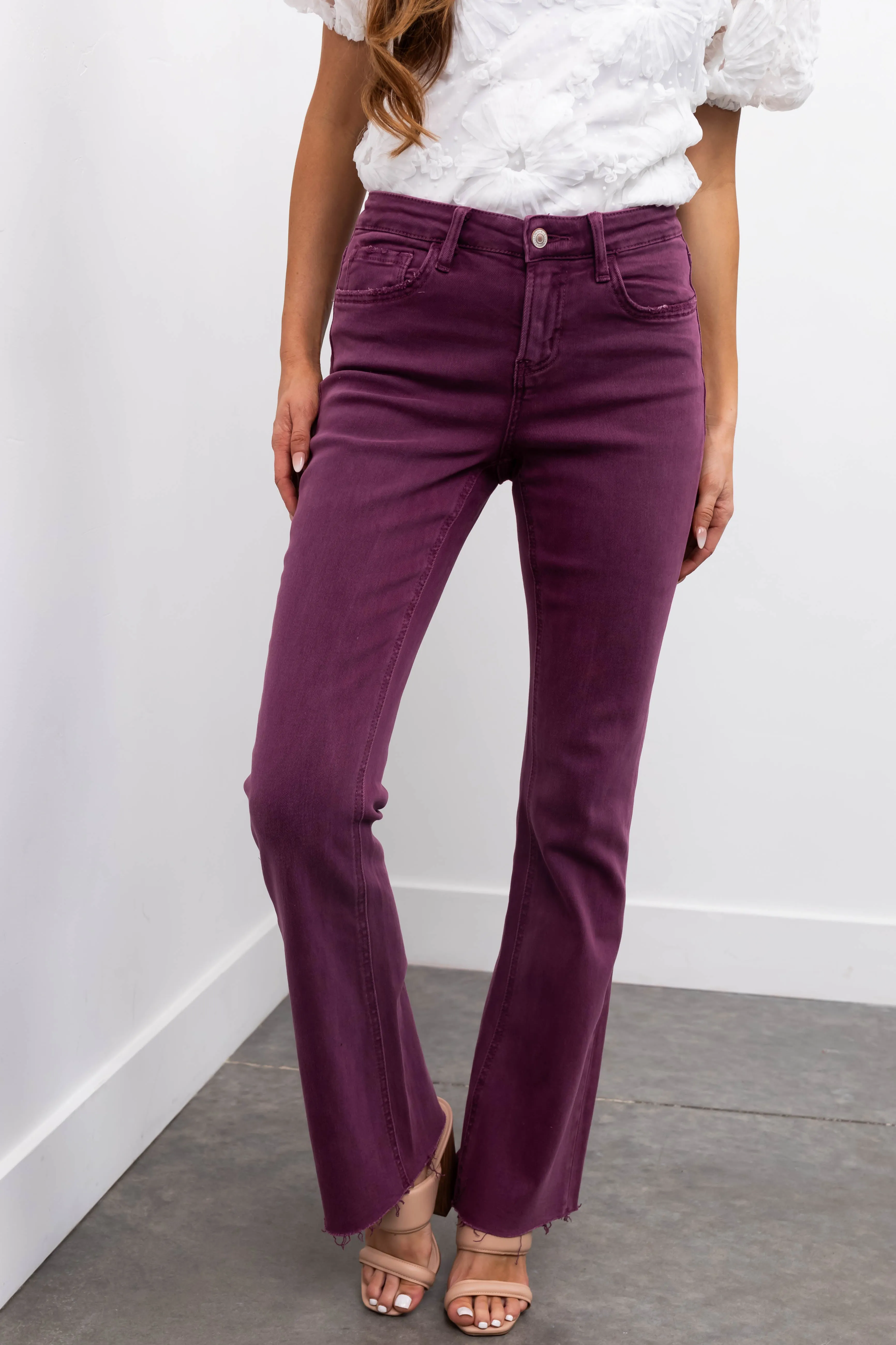 Vervet Washed Berry Mid Rise Raw Bootcut Jeans sold by Lime Lush product image thumbnail 2