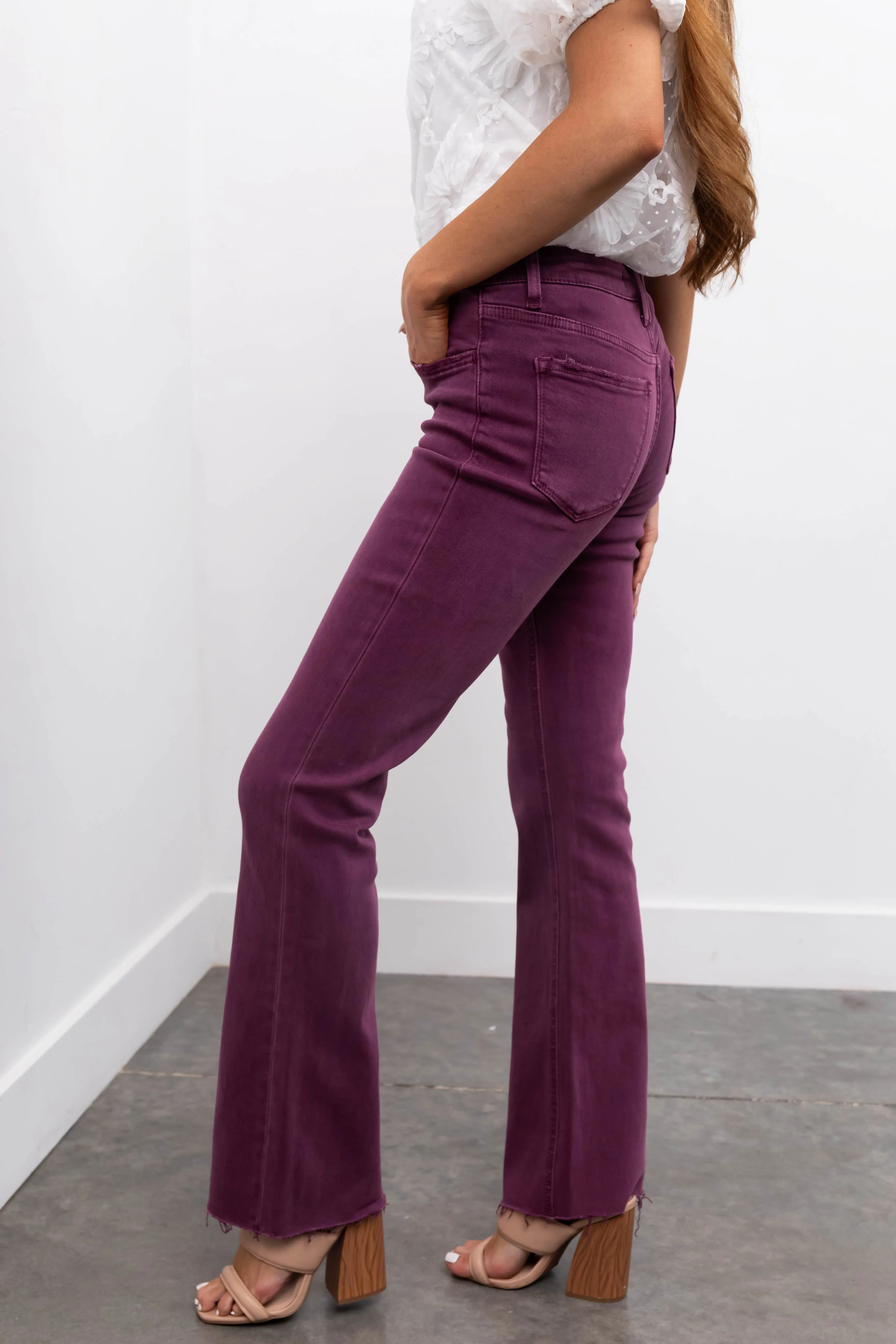 Vervet Washed Berry Mid Rise Raw Bootcut Jeans sold by Lime Lush product image thumbnail 3