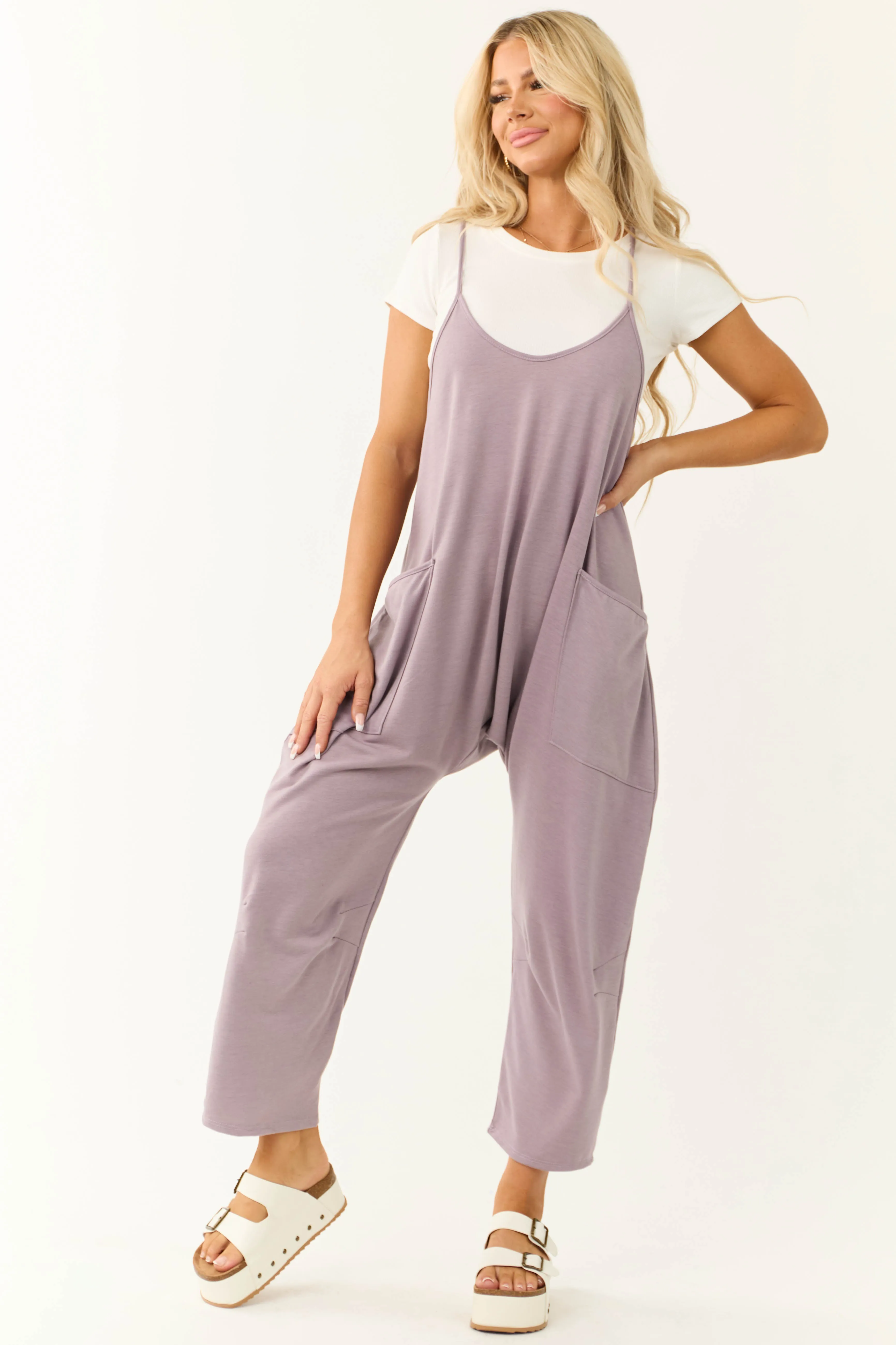 Lavender Sleeveless Front Pocket Loose Jumpsuit sold by Lime Lush product image thumbnail 3