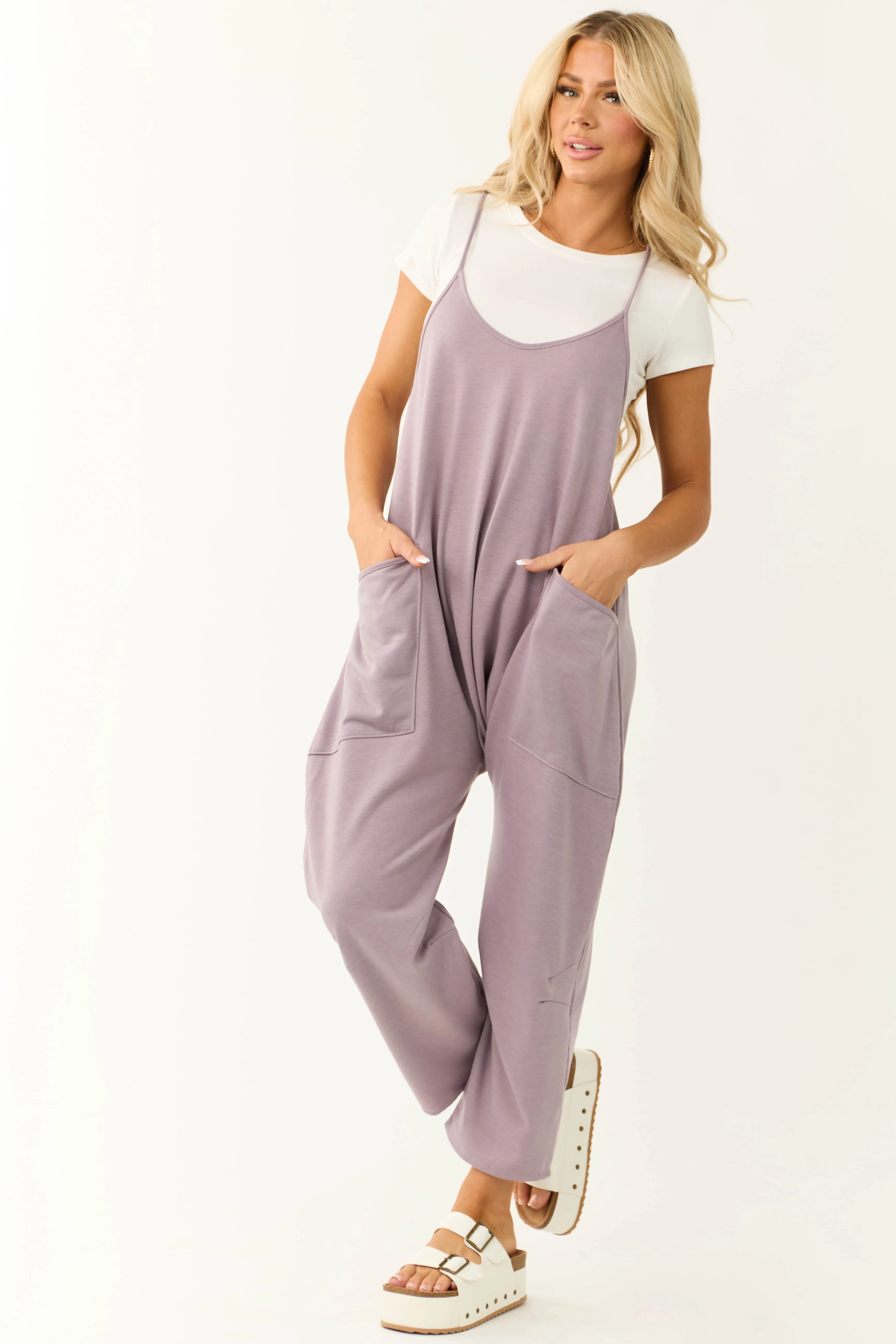 Lavender Sleeveless Front Pocket Loose Jumpsuit sold by Lime Lush product image thumbnail 2