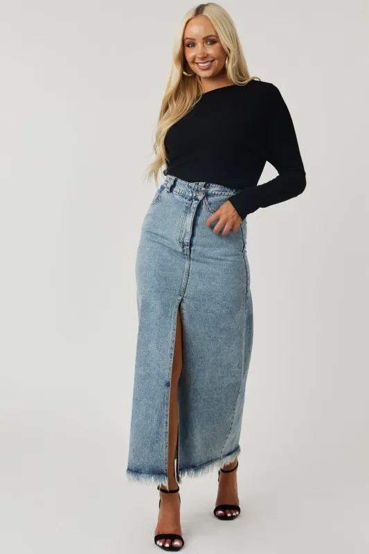 Medium Wash Denim Maxi Skirt with Front Slit sold by Lime Lush