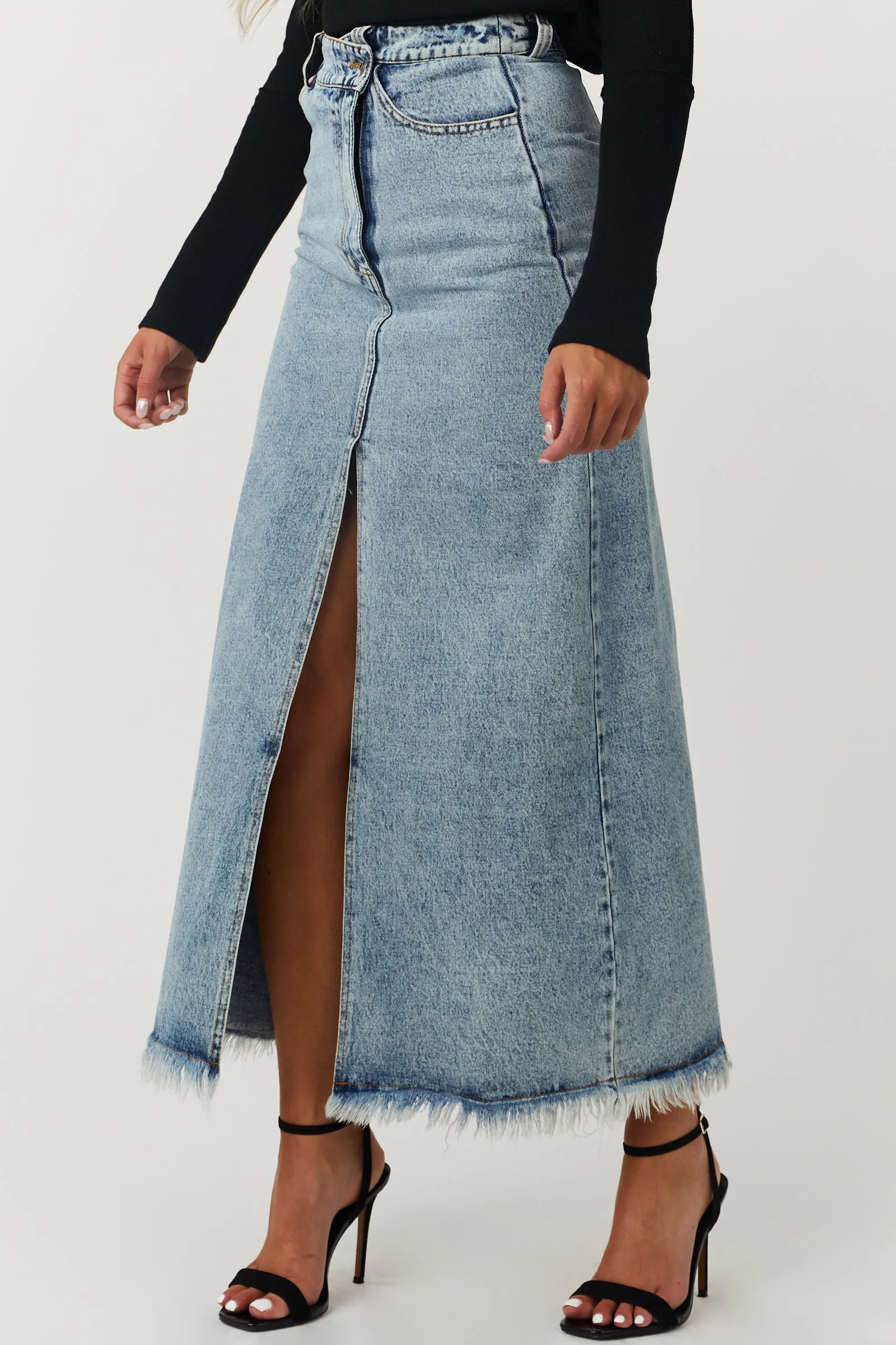 Medium Wash Denim Maxi Skirt with Front Slit sold by Lime Lush product image thumbnail 3