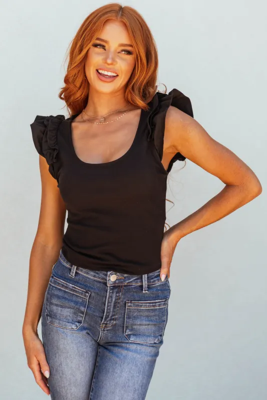Black Ruffle Short Sleeve Rib Knit Top sold by Lime Lush